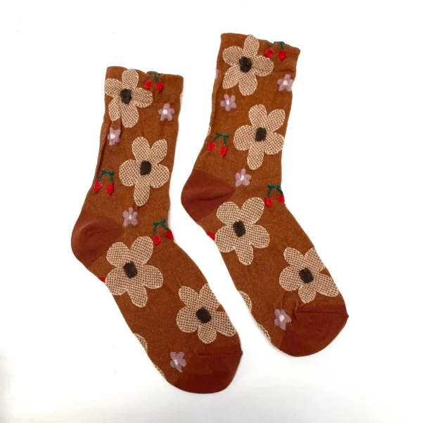 Very J Women's^Floral Printed Texture Crew Sock - Caramel