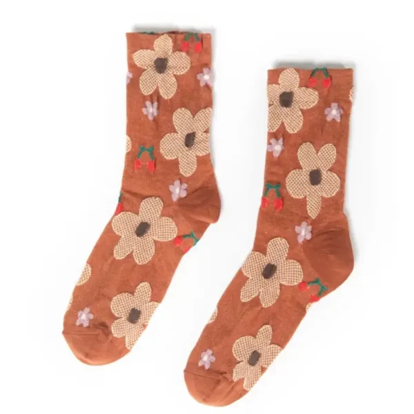 Very J Women's^Floral Printed Texture Crew Sock - Caramel